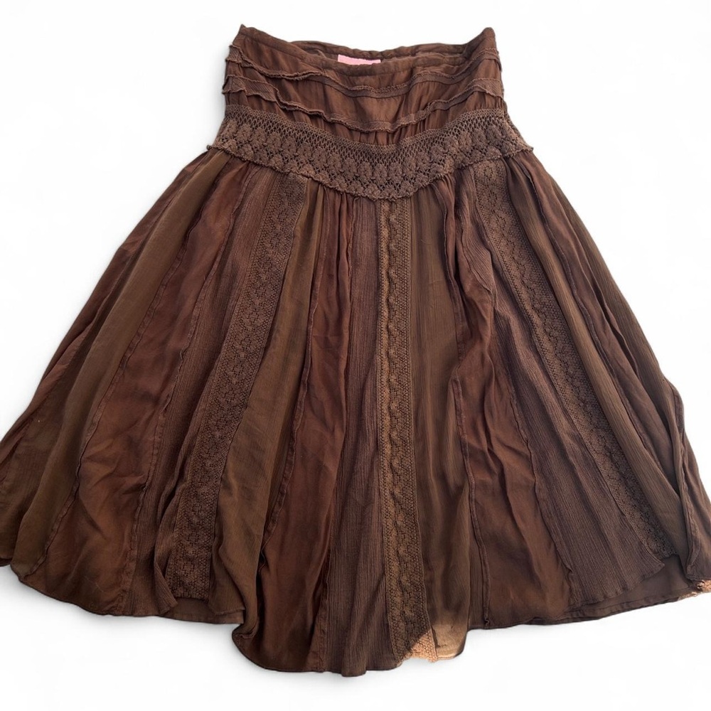 Y2k Bandolino Chocolate Brown Whimsical Ruffle Lace Skirt